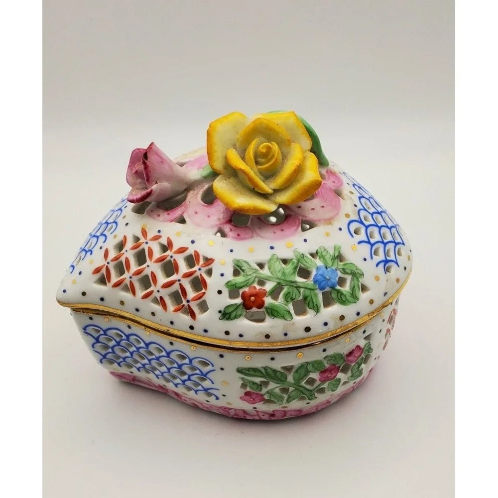 Royal Danube Heart Porcelain Trinket Box Hand Painted Rose Reticulated 1886